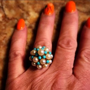 💚14k gold pearl turquoise ring 10